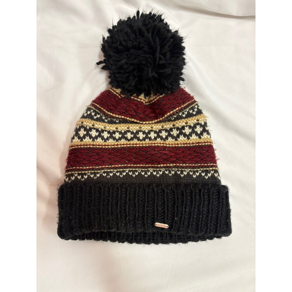 Free People Beanie Knit Black Red Brown Pom Pom Winter Hat Fleece Lined